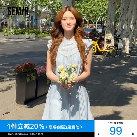 森马连衣裙女温柔木耳边小飞袖肌理短裙2024夏新款镂空娃娃裙甜美商品大图