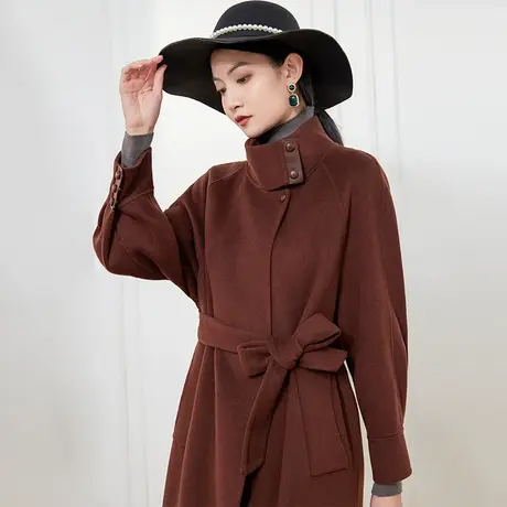 希区瑞普法式气质通勤宽松高端立领精致皮扣双面羊毛羊绒长款大衣商品大图