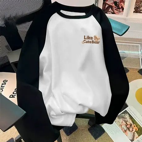 KV真维斯纯棉长袖t恤女2025新款 秋冬季撞色插肩大码打底衫上衣女商品大图