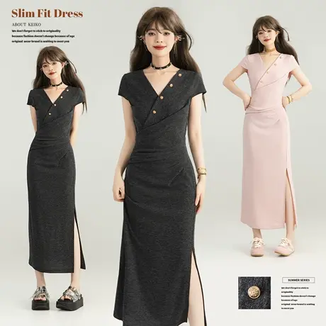 KEIKO 法式简约V领收腰连衣裙25夏季轻熟风气质性感包臀露背长裙商品大图