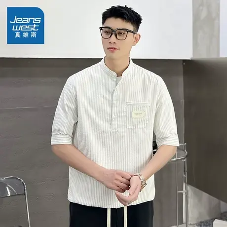 P5真维斯男装2025夏季新款复古立领宽松百搭短袖男士衬衫上衣商品大图