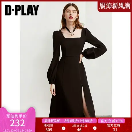 DPLAY春款黑色方领法式复古连衣裙时尚气质赫本小黑裙收腰开叉裙商品大图