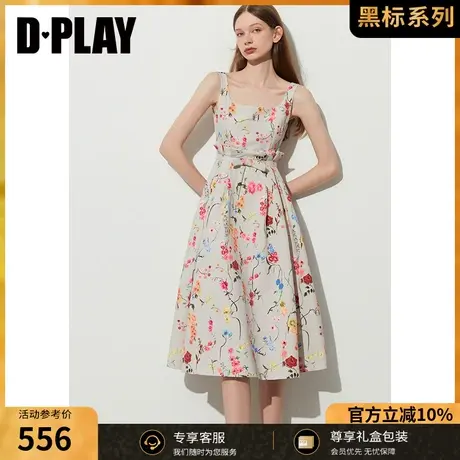 DPLAY黑标夏法式杜乐丽庄园U型领高腰压褶收腰大摆印花连衣裙商品大图