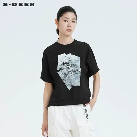 sdeer圣迪奥短袖T恤女夏休闲圆领字母胶印宽松重磅t恤夏S21280119图片