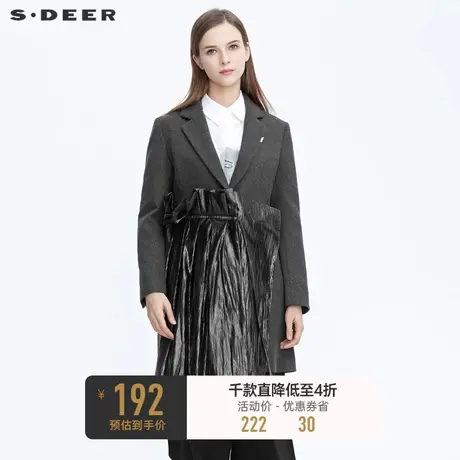 sdeer圣迪奥冬季休闲平驳领抽褶拼接毛呢西装风衣外套女S20481707图片