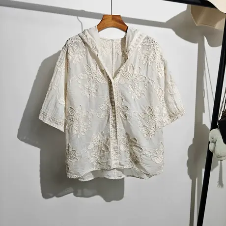 波西米亚度假风连帽针织开衫女夏季新款宽松防晒短袖钩花上衣外穿商品大图