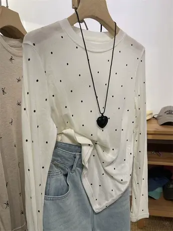 纯欲辣妹！圆领波点透视感天丝羊毛打底衫女修身显瘦叠穿长袖T恤图片