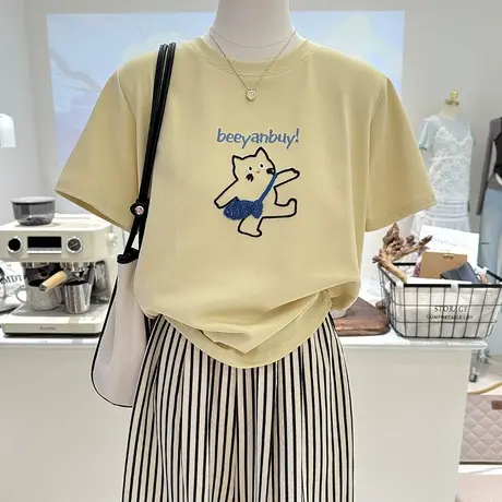 夏季新款韩系卡通小猫刺绣宽松减龄显瘦短袖打底衫T恤女上衣内搭图片