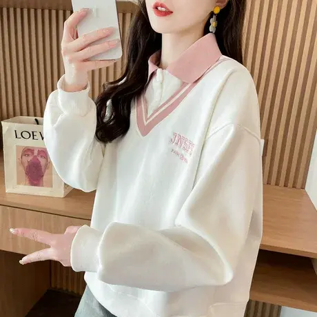 polo领撞色卫衣女2025新款春秋韩版宽松薄款初中生假两件上衣外套商品大图