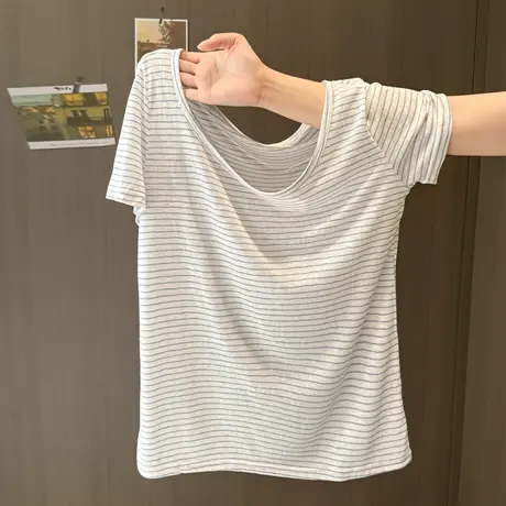 斜领露肩短袖T恤女夏季2025新款韩版宽松百搭纯欲条纹半袖上衣潮商品大图