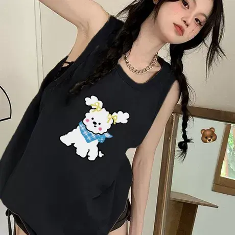 纯棉辣妹吊带运动坎肩背心无袖t恤女夏外穿高级感宽松篮球服上衣商品大图