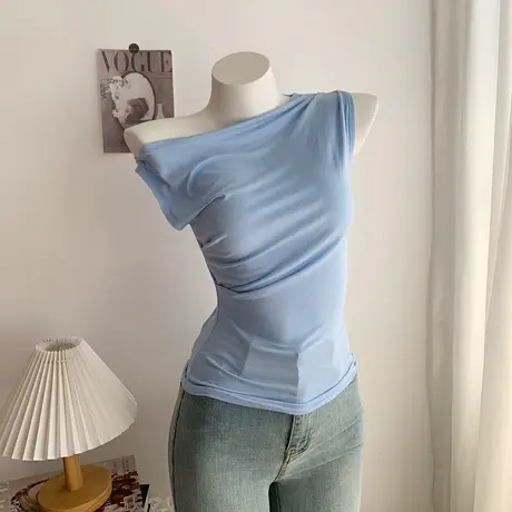 纯欲不规则露肩荡领无袖背心上衣女夏季腰部褶皱修身t恤商品大图