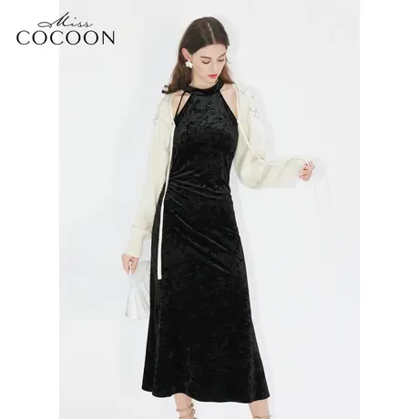 missCOCOON【凤羽雀翎系列】24春新款黑色系带礼服蝴蝶结连衣裙商品大图