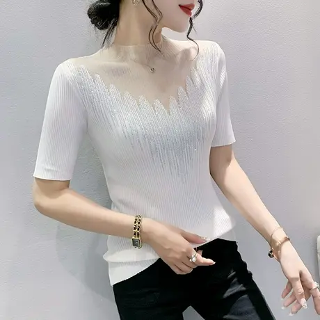 欧货网纱拼接针织T恤女短袖洋气性感镂空上衣纯色显瘦烫钻小衫夏商品大图