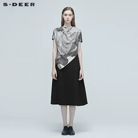 sdeer圣迪奥女装夏季休闲印花拼接短袖气质通勤连衣裙S20281276商品大图