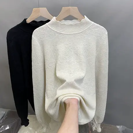 花边半高领毛衣女蕾丝打底衫2025春秋新款外穿针织衫内搭洋气上衣商品大图