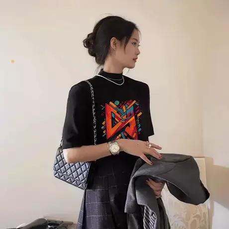 2024夏季新款纯棉黑色半高领短袖t恤女宽松设计感小众半袖上衣服商品大图