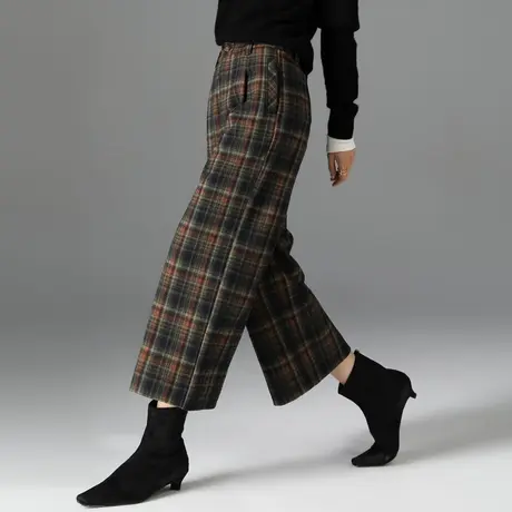 八分毛呢格子阔腿裤女秋冬新款宽松休闲直筒裤加厚羊毛裤子九分裤商品大图