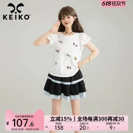 KEIKO 小狗刺绣白色正肩短袖T恤女25夏季独特漂亮圆领泡泡袖上衣图片