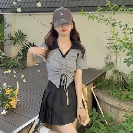 大码不规则v领抽绳褶皱正肩短袖T恤女夏季新款胖mm显瘦短款上衣商品大图