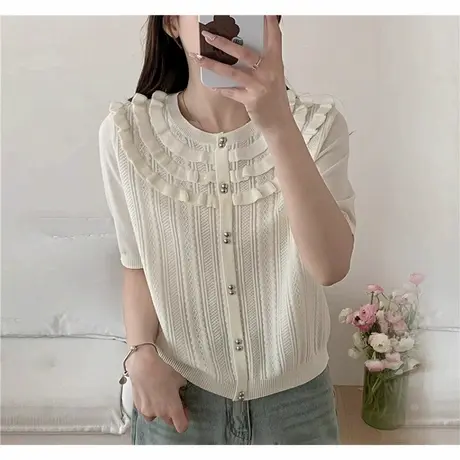 设计感荷叶边短袖针织开衫女2025新款春夏季穿搭外搭薄款t恤上衣图片