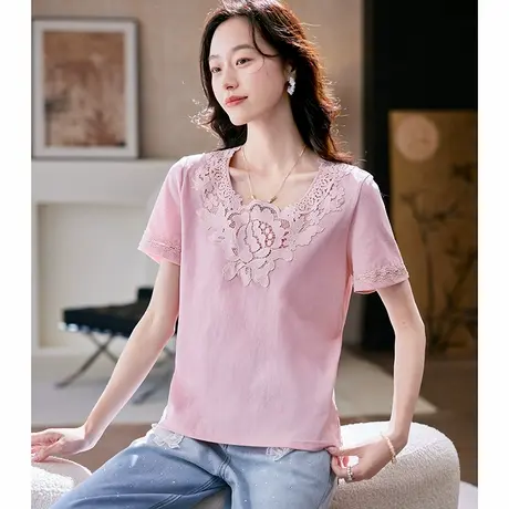 宝诗黎圆领蕾丝拼接短袖T恤2025夏季韩系休闲简约时尚百搭上衣女商品大图