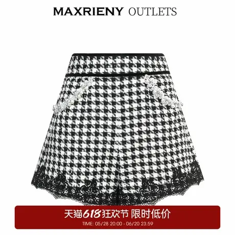 【奥莱】MAXRIENY千鸟格复古阔腿短裤春季款格纹高腰裤子女图片