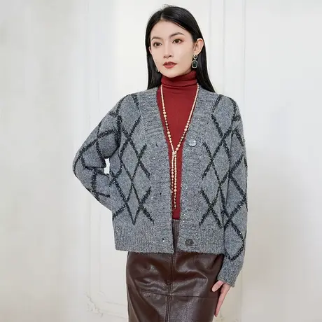 希区瑞普重工设计菱形格亮丝编织V领针织开衫24新款外套女秋冬款商品大图