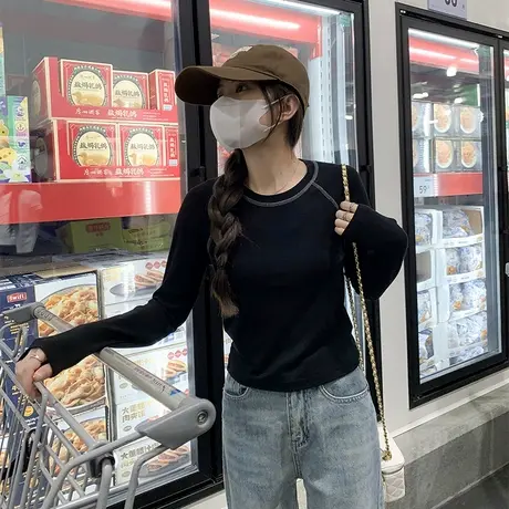 KWV真维斯长袖t恤女2025新款内搭打底衫女士修身黑色衣女春秋商品大图