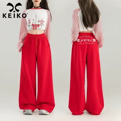 KEIKO 红色高腰直筒休闲裤运动卫裤女25秋季美式潮酷宽松阔腿长裤商品大图