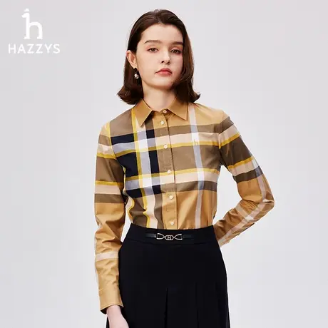 Hazzys哈吉斯长袖衬衫上衣女秋冬舒适休闲时尚设计感格纹衬衣外套商品大图