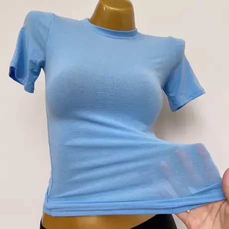 2021韩国蓝色紧身弹力显胸大上衣女包身短袖T恤女微透性感小衫薄图片