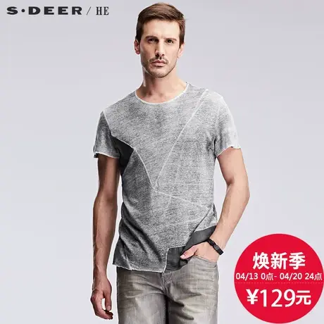 sdeerhe圣迪奥男装时尚舒适圆领拼接棉麻短袖T恤男H15270125图片