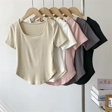 莫代尔棉方领短袖T恤女温柔粉高腰美式短款上衣现代舞蹈服瑜伽服商品大图