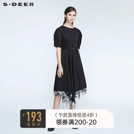 sdeer圣迪奥秋装圆领收腰印花不规则中袖连衣裙女S21181222🕺商品大图