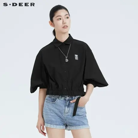 sdeer圣迪奥女装翻领字母胶印松紧长袖衬衫S21280504图片