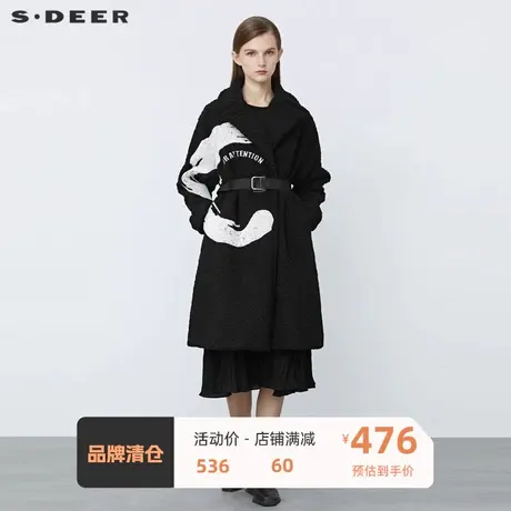 sdeer圣迪奥女装翻领收腰字母泰迪毛长款大衣外套S21481829图片