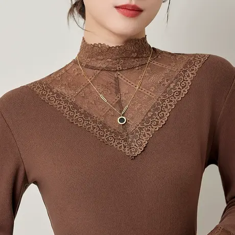 五公主加厚蕾丝打底衫新款秋冬妈妈洋气高领小衫时尚外穿内搭上衣商品大图