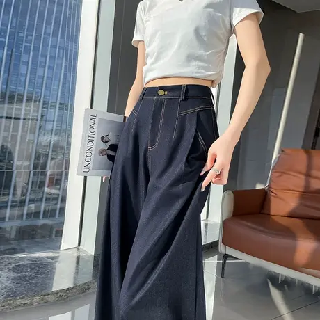 深蓝色明线软牛仔裤女春夏2025新款高腰显瘦宽松直筒阔腿拖地裤子商品大图