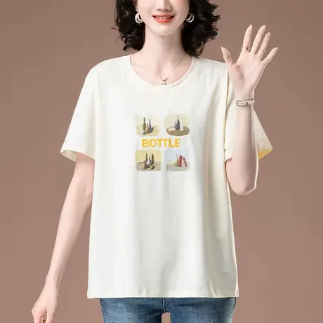 短袖t恤女夏季新款加大码女装宽松中年妈妈卡通印花显瘦半袖体恤图片