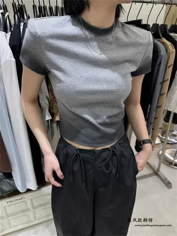 韩国东大门2024春韩版小众时髦渐变色晕染圆领短款短袖弹力修身T商品大图