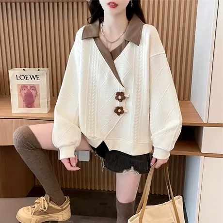 立体花朵不规则开叉卫衣女春秋季韩版宽松薄款撞色polo领上衣外套图片
