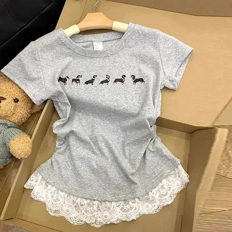 蕾丝花边拼接下摆短袖T恤女夏季修身韩版设计感小众半袖上衣潮ins商品大图