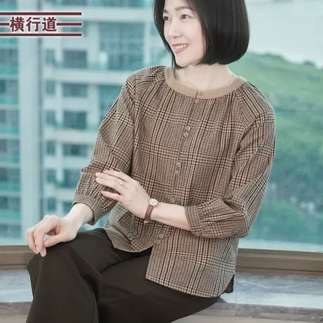 圆领插肩袖九分袖开衫宽松格子复古全棉上衣外搭2025女春季妈妈装商品大图