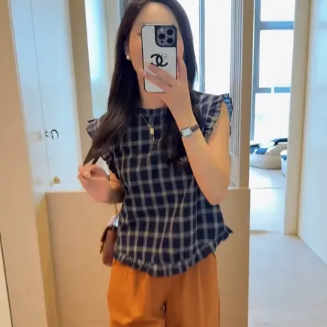 法式高级感复古格子木耳边无袖衬衫女夏季新款时尚百搭小衫上衣潮商品大图