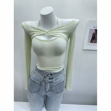 纯欲辣妹！性感女人味挂脖吊带背心+长袖短款罩衫两件套上衣薄透图片