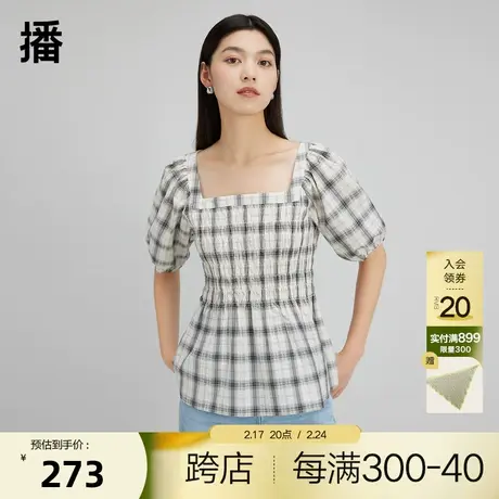 【播奥莱】播方领格纹衬衫春秋气质方领领复古泡泡袖图片