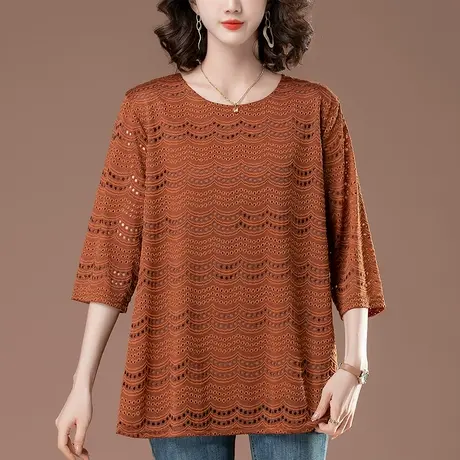 七分袖蕾丝衫女夏季新款大码女装宽松中老年妈妈洋气镂空中袖上衣图片