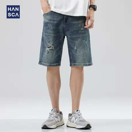hansca破洞牛仔短裤男夏季新款潮牌大码宽松直筒复古水洗弹力中裤商品大图