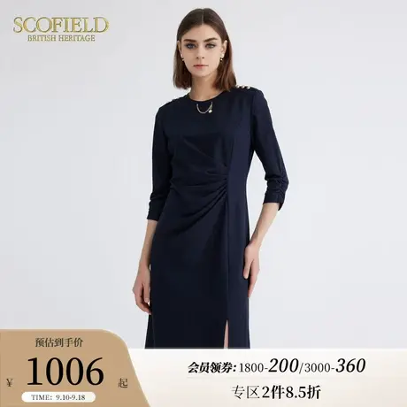 Scofield圆领褶皱通勤优雅中长设计感连衣裙女装2023年秋季新款图片